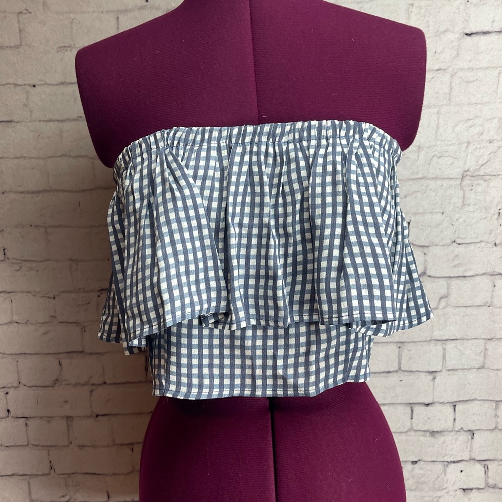 Flynn Skye size medium blue and white gingham sleeveless ruffle top